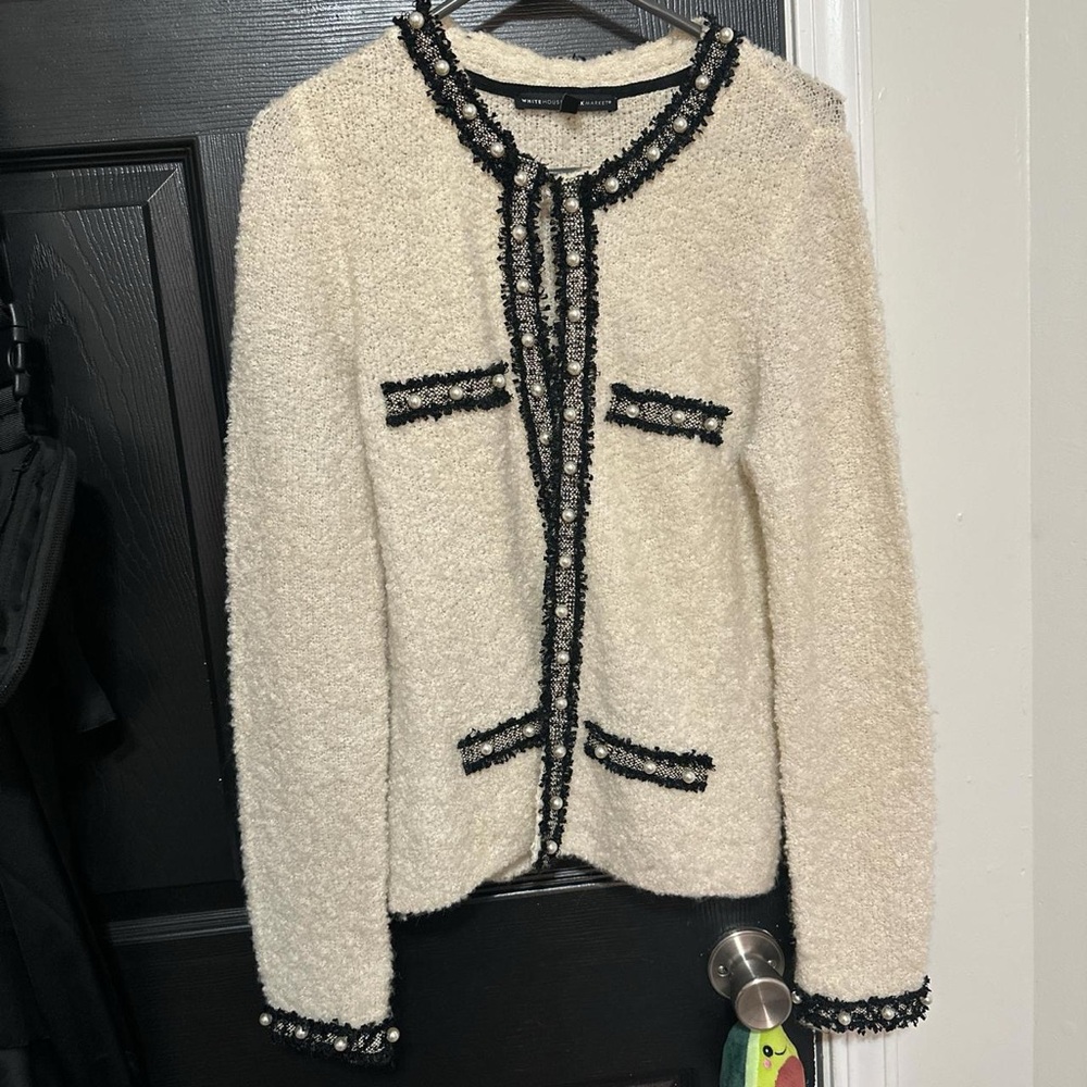 White House Black Market Cream and Black Textured Blazer Sweater